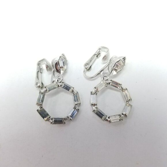 Vintage Rhinestone Dangle Clip On Earrings, Hoop Drop Design, Silver Tone, Retro - Picture 5 of 5